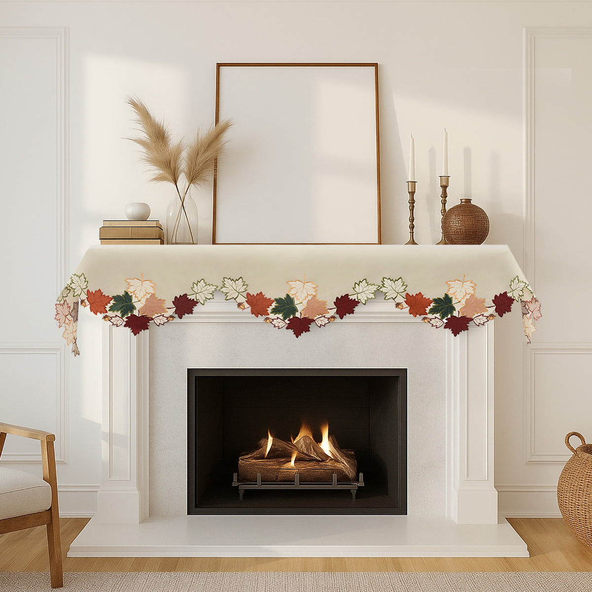 Cream white Falling Petals mantel scarf cover from RIZ Falling Petals Collection, embroidered table linen, 18x90 inches.
