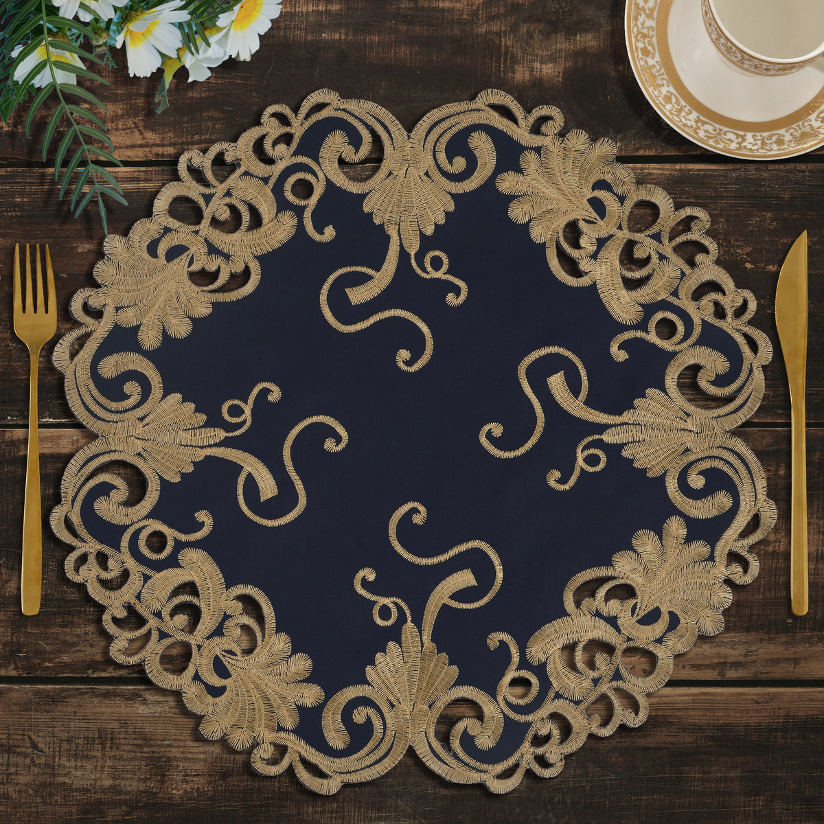 Vintage Opulence – Gold Lace Blue Round Doilies, The Vintage Opulence Collection European Embroidery Décor 15 inch - Decozen