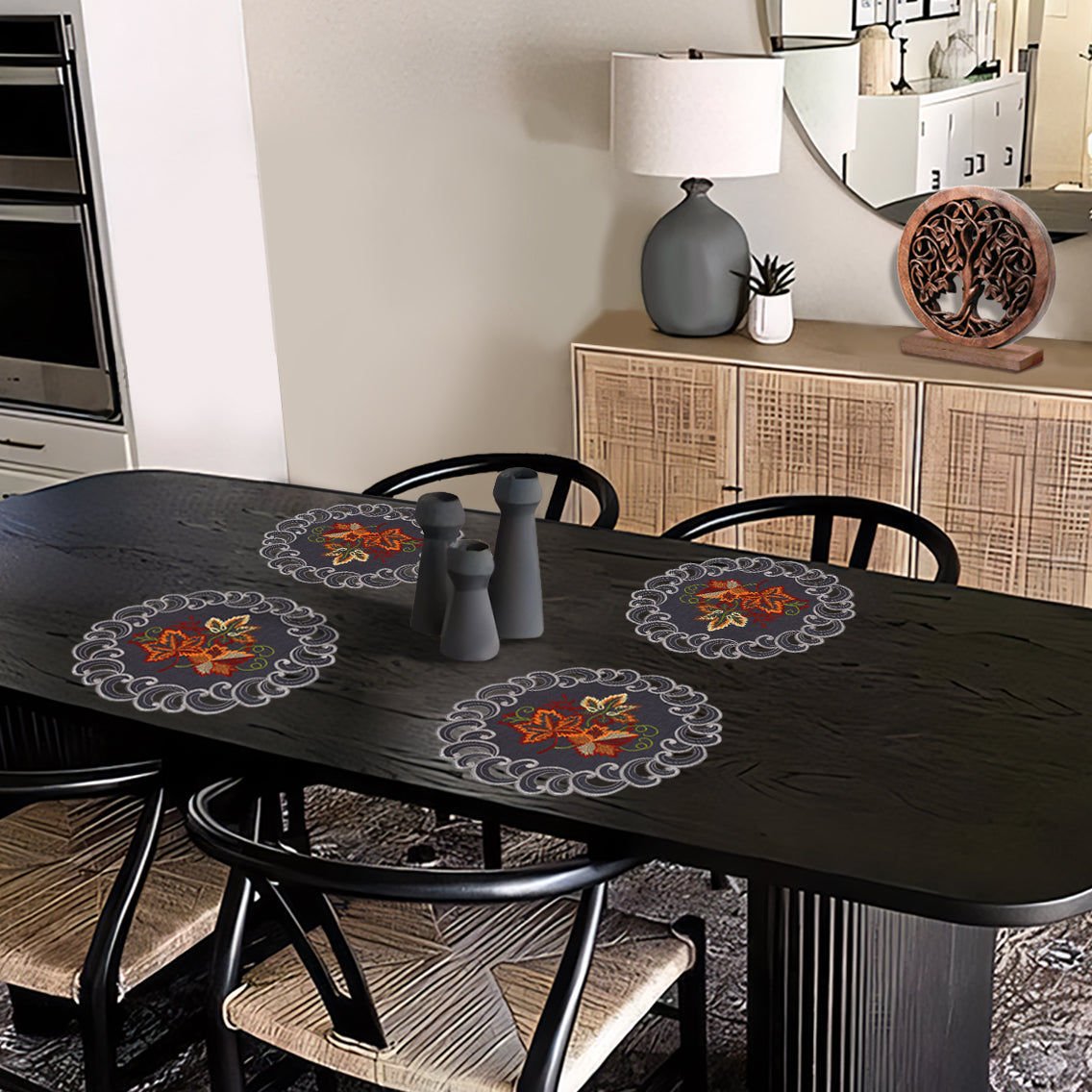 Set of four RIZ Aurora Charm 15-inch round doilies featuring elegant decorative placemats for dining and special events.
