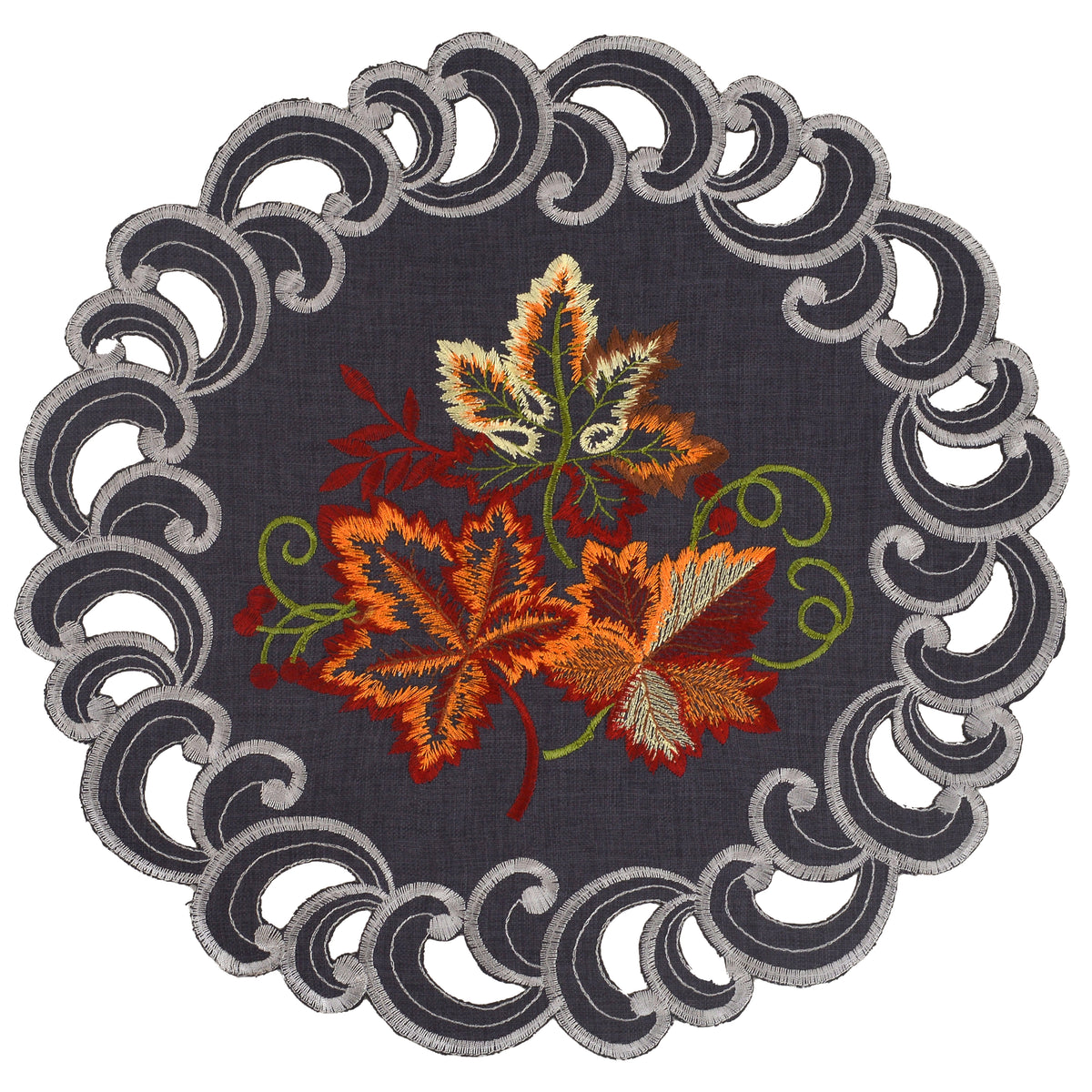 Set of four Aurora Charm round doilies placemats by RIZ, elegant 15-inch decorative table decor for dining and events.