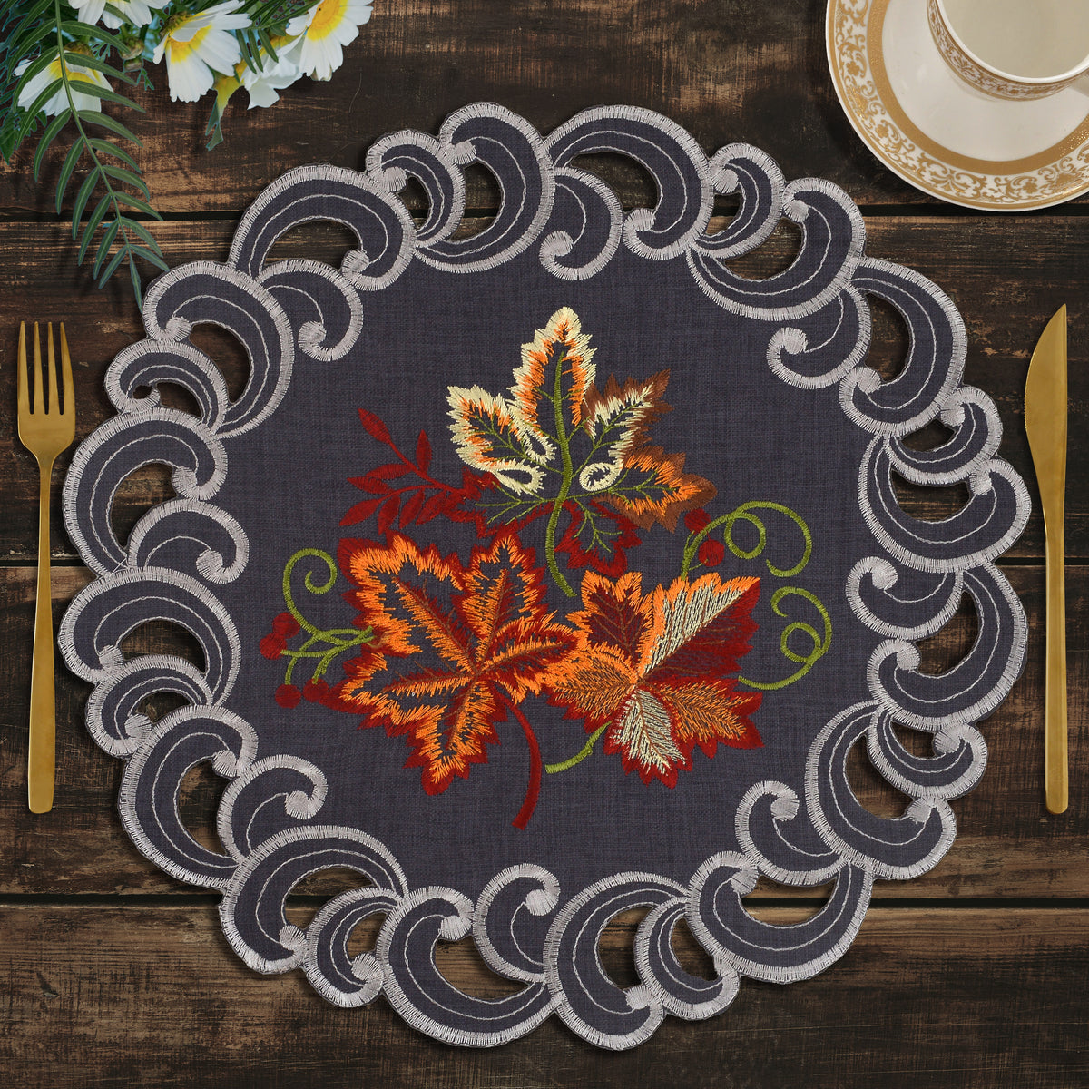 Set of four Aurora Charm premium round doilies, elegant 15-inch placemats for dining and event table decor by RIZ.
