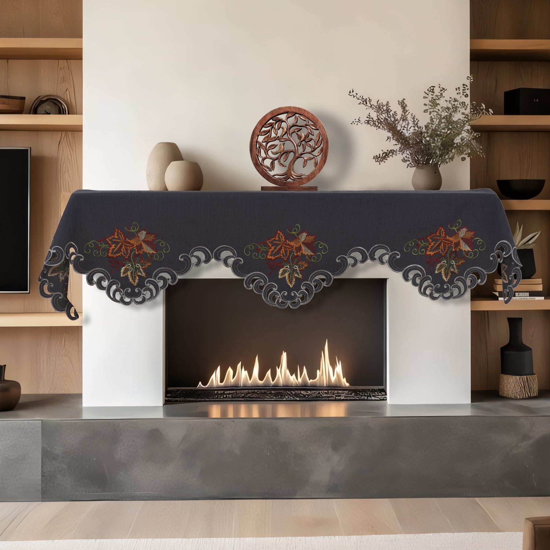 Charcoal Fleur – Charcoal Gray Mantel Scarf Cover, The Charcoal Fleur Collection Elegant Embroidered Home Décor 18x90 inch - Decozen