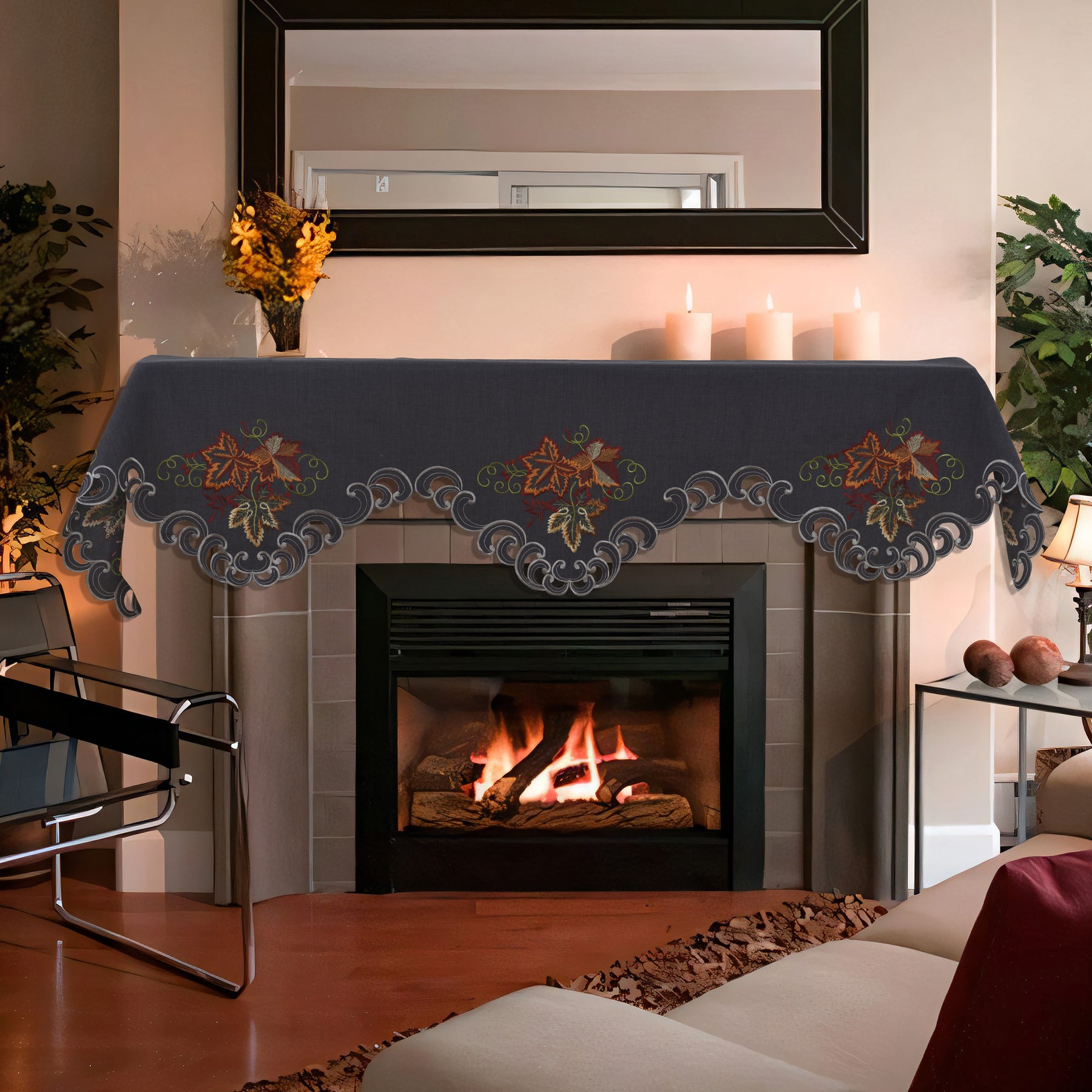 Charcoal Fleur – Charcoal Gray Mantel Scarf Cover, The Charcoal Fleur Collection Elegant Embroidered Home Décor 18x90 inch - Decozen