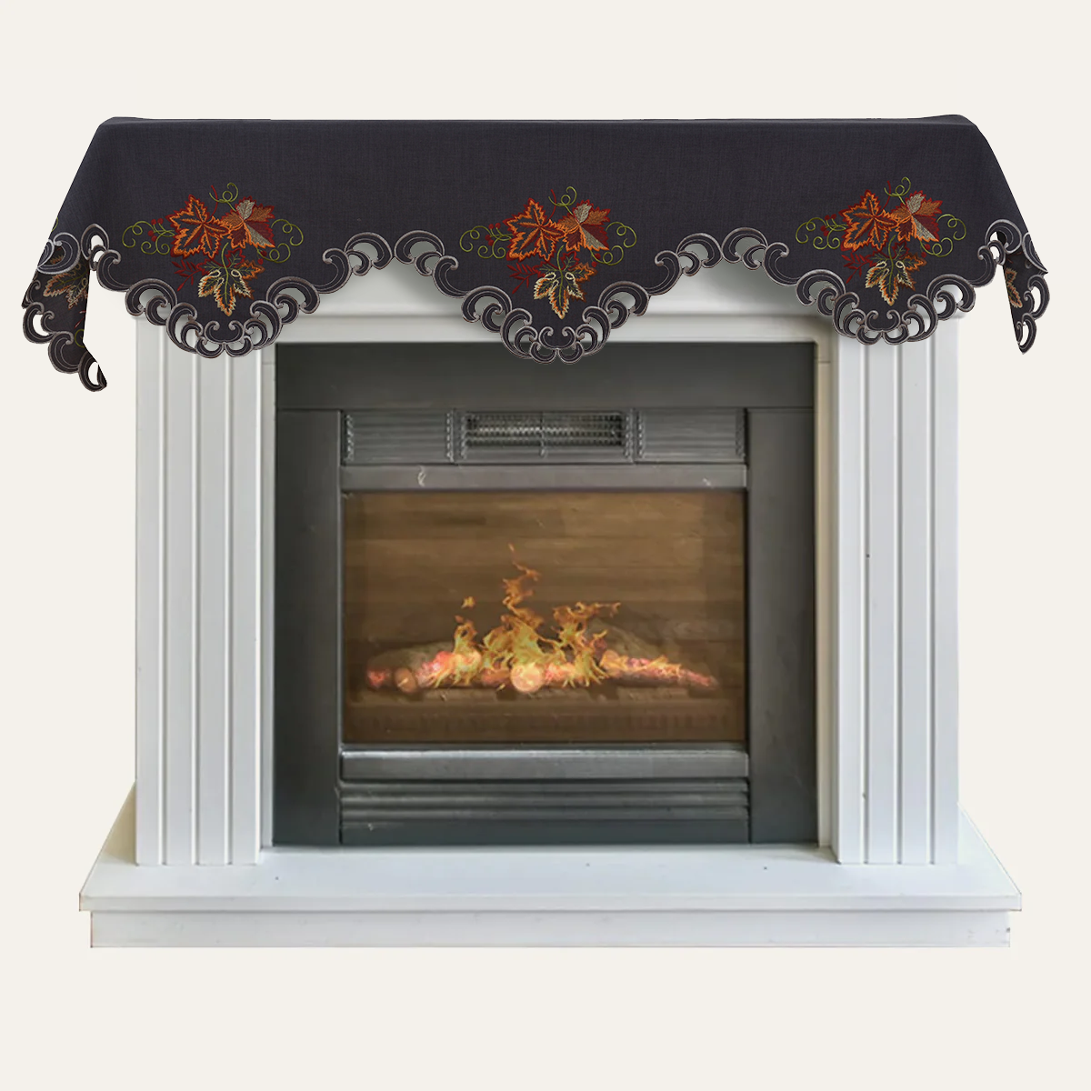 Charcoal gray embroidered mantle scarf cover from the Charcoal Fleur collection, 18x90 inches, by RIZ. Elegant home décor.
