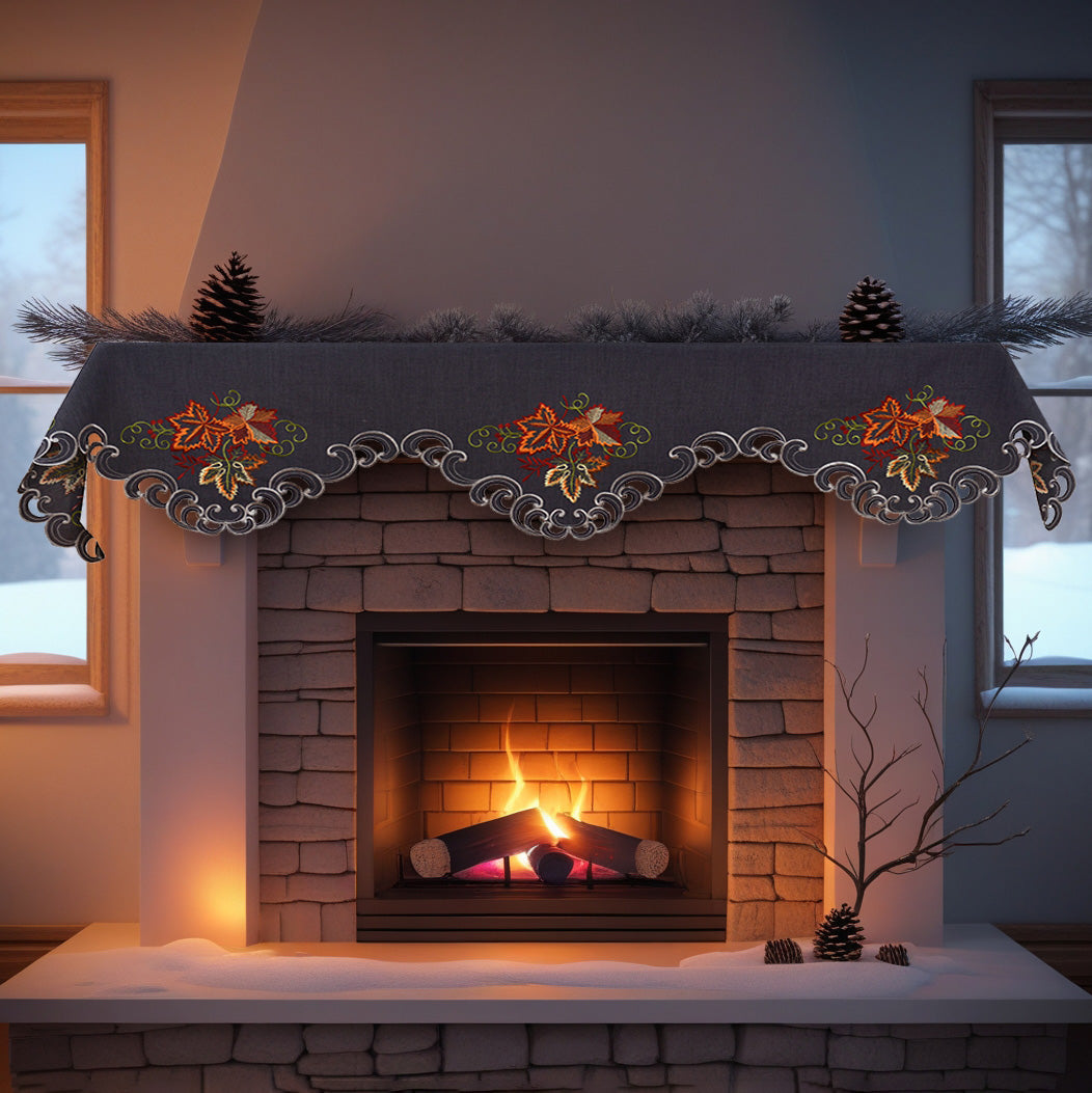 Charcoal Fleur – Charcoal Gray Mantel Scarf Cover, The Charcoal Fleur Collection Elegant Embroidered Home Décor 18x90 inch - Decozen