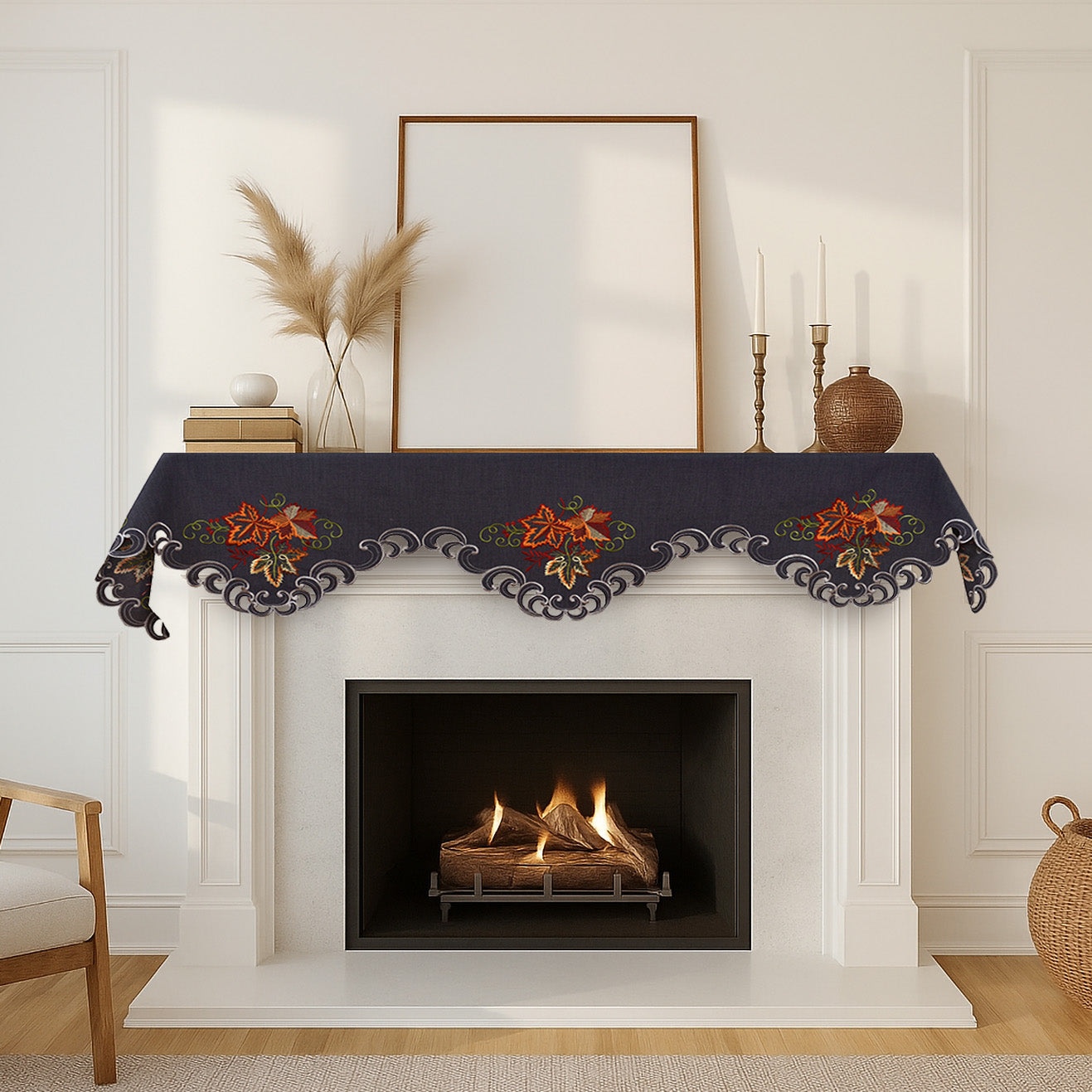 Charcoal Fleur – Charcoal Gray Mantel Scarf Cover, The Charcoal Fleur Collection Elegant Embroidered Home Décor 18x90 inch - Decozen