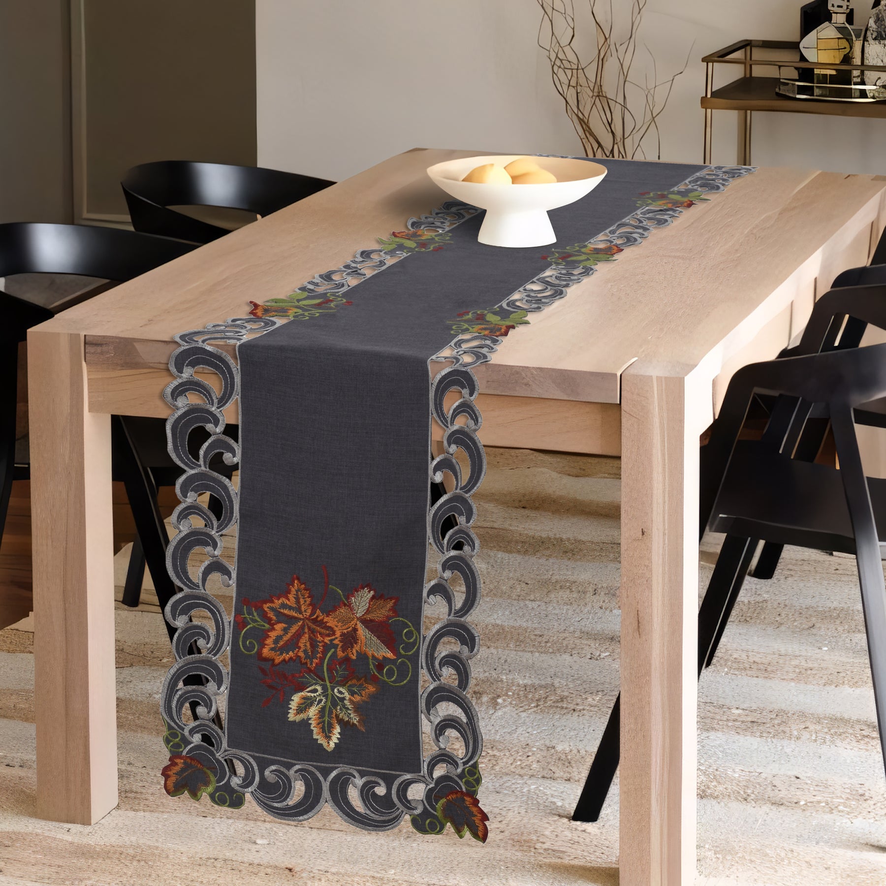 Charcoal Fleur – Charcoal Gray Table Runner, European Embroidery Decorative Dresser Scarf 14*108 inch - Decozen