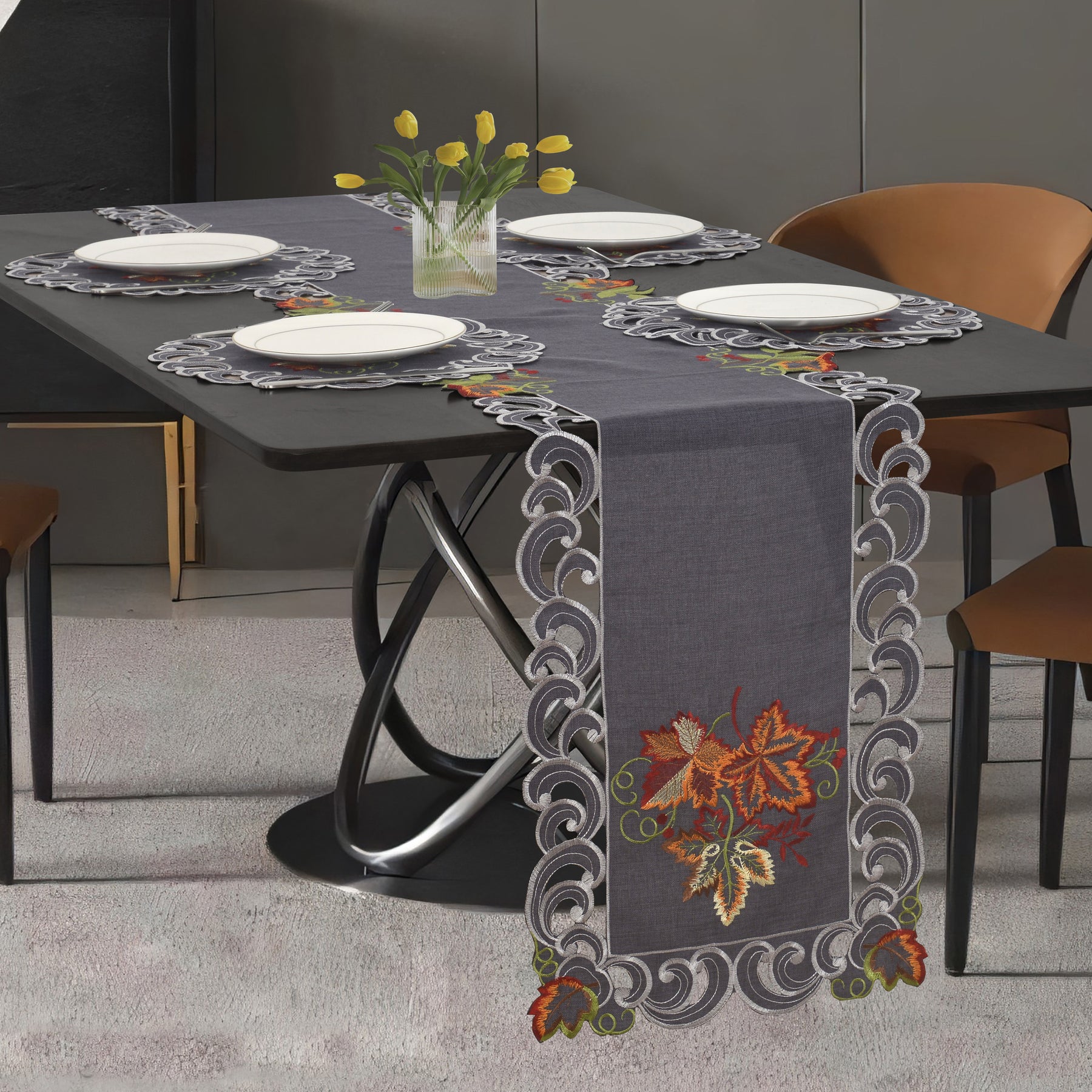 Charcoal Fleur – Charcoal Gray Table Runner, European Embroidery Decorative Dresser Scarf 14*108 inch - Decozen