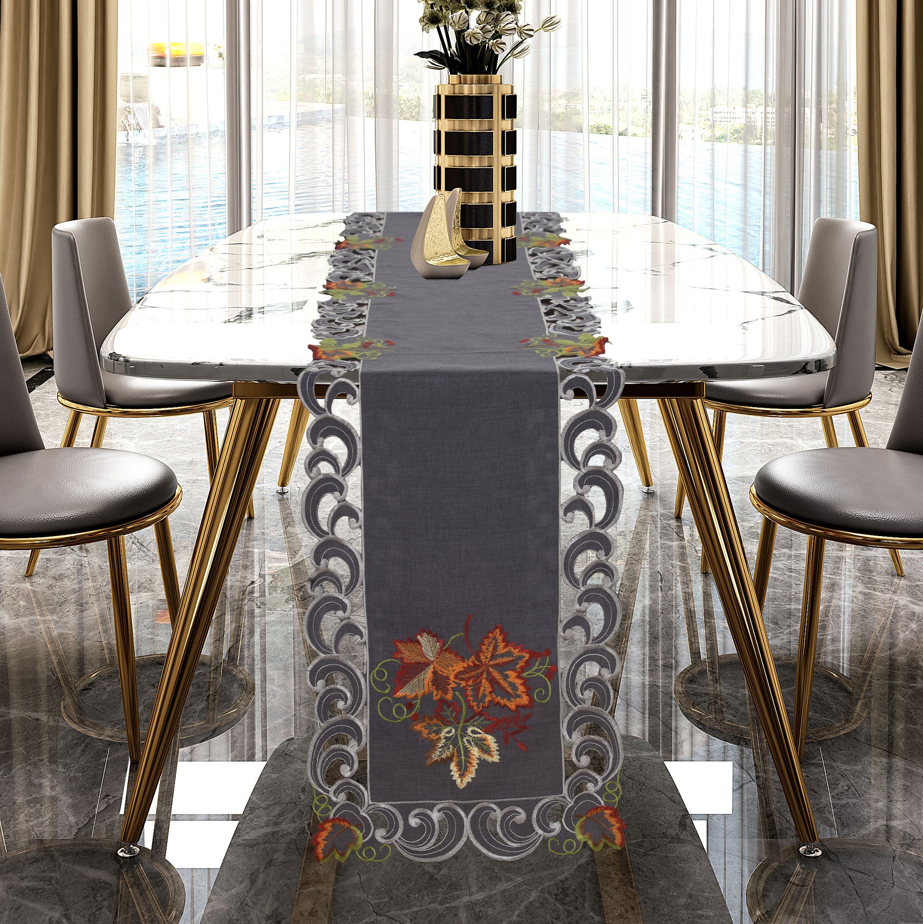 Charcoal Fleur – Charcoal Gray Table Runner, European Embroidery Decorative Dresser Scarf 14*108 inch - Decozen