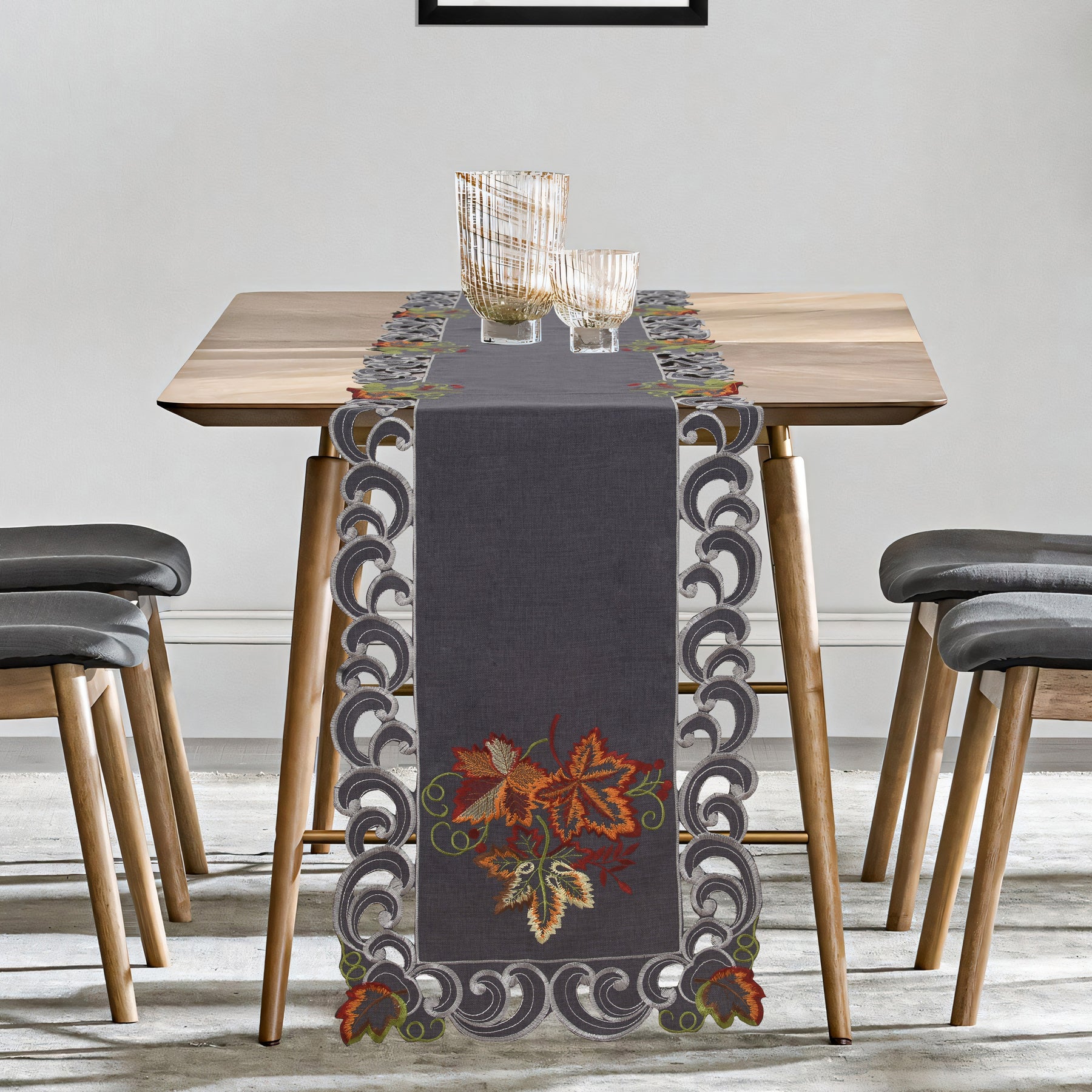 Charcoal Fleur – Charcoal Gray Table Runner, European Embroidery Decorative Dresser Scarf 14*108 inch - Decozen