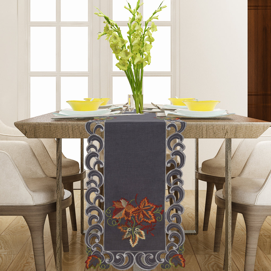 Charcoal Fleur – Charcoal Gray Table Runner, European Embroidery Decorative Dresser Scarf 14*108 inch - Decozen