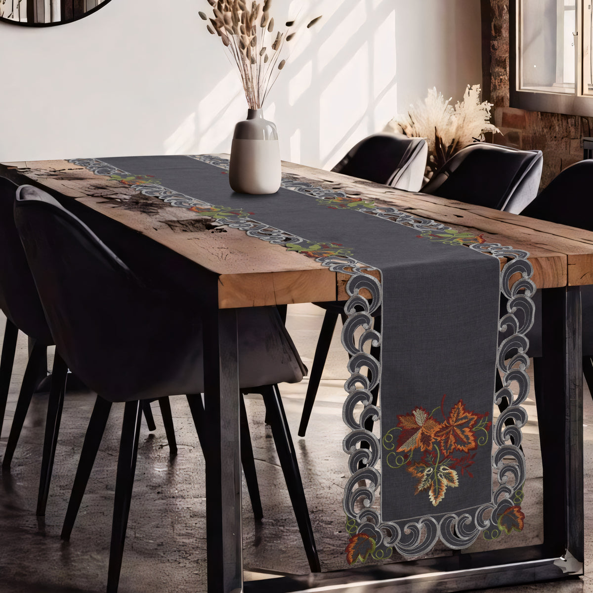 Charcoal Fleur – Charcoal Gray Table Runner, European Embroidery Decorative Dresser Scarf 14*108 inch - Decozen