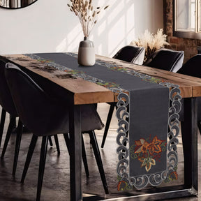 Charcoal Fleur – Charcoal Gray Table Runner, European Embroidery Decorative Dresser Scarf 14*108 inch - Decozen