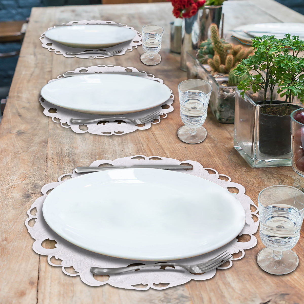 Set of four Regal Bloom premium round doilies, 15-inch decorative placemats for dining and event table decor by RIZ.