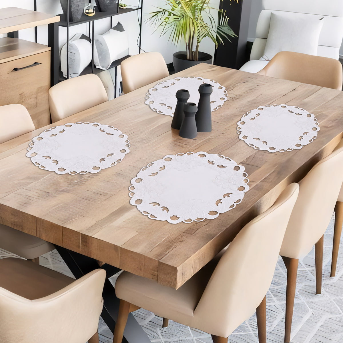 Set of four Regal Bloom RIZ round doilies, 15-inch elegant decorative placemats for dining and event table decor.