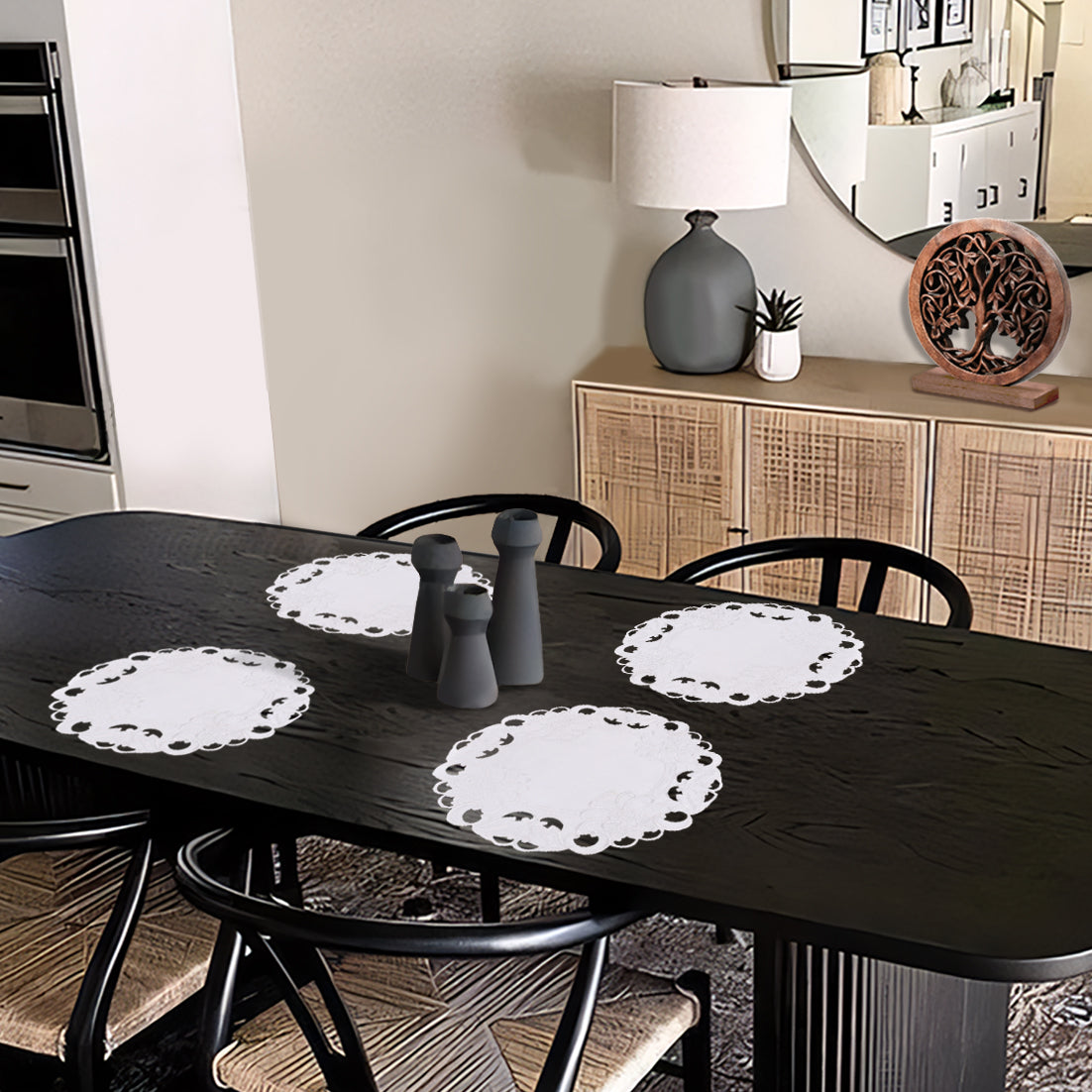 Set of four Regal Bloom round doilies by RIZ, 15-inch elegant decorative placemats for dining and event table decor.