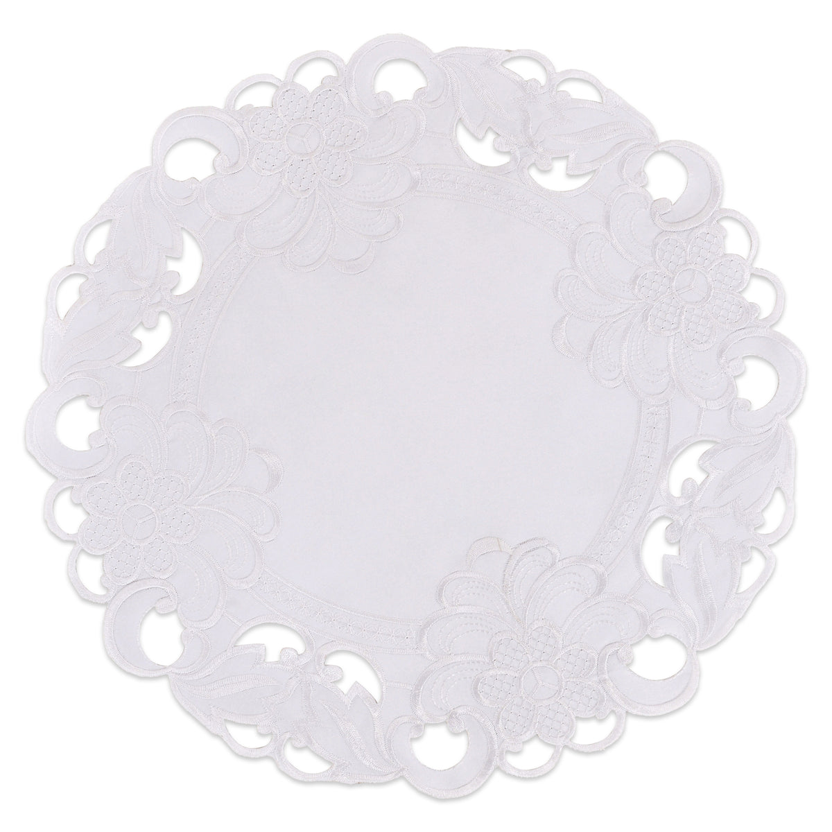 Set of four Regal Bloom premium round doilies by RIZ, 15-inch elegant decorative placemats for dining and events.