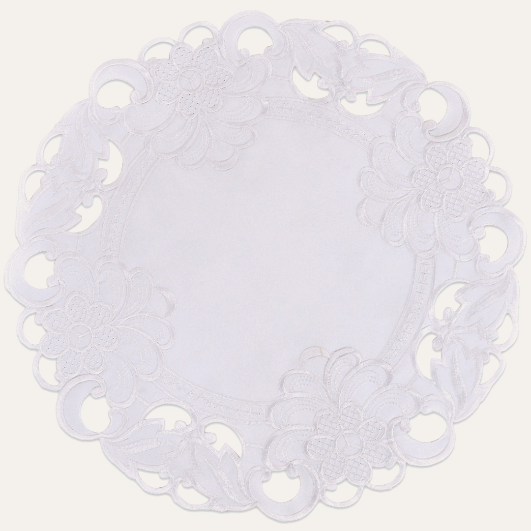 Set of four Regal Bloom premium round doilies by RIZ, 15-inch elegant decorative placemats for dining and events.