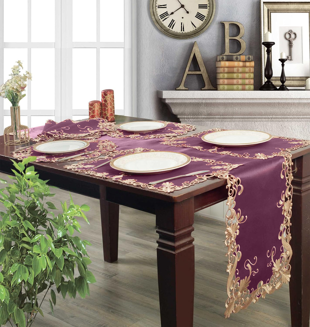 Set of four RIZ Opulent Weave 15-inch decorative placemats with intricate woven design, ideal for elegant dining and event table decor.
