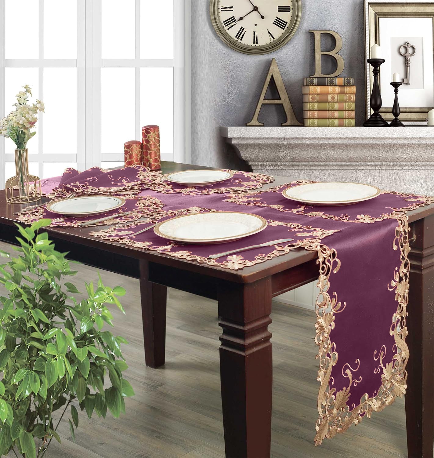 Set of four RIZ Opulent Weave 15-inch decorative placemats with intricate woven design, ideal for elegant dining and event table decor.