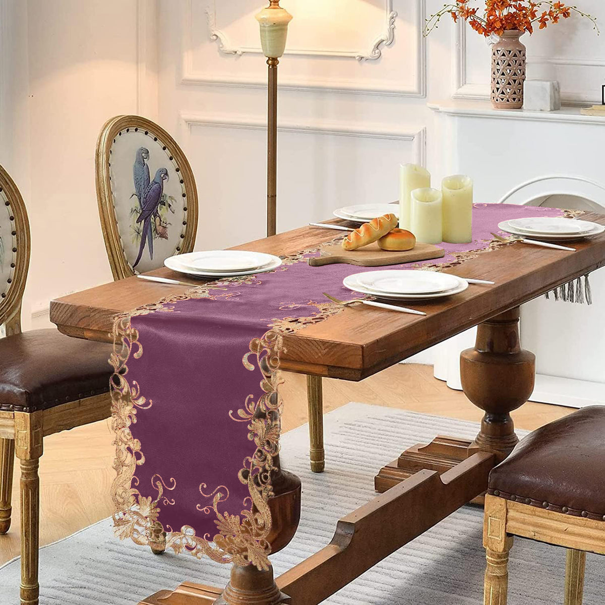 Petal Amethyst purple table runner with embroidered falling petals design from RIZ Falling Petals Collection, 14x108 inches.