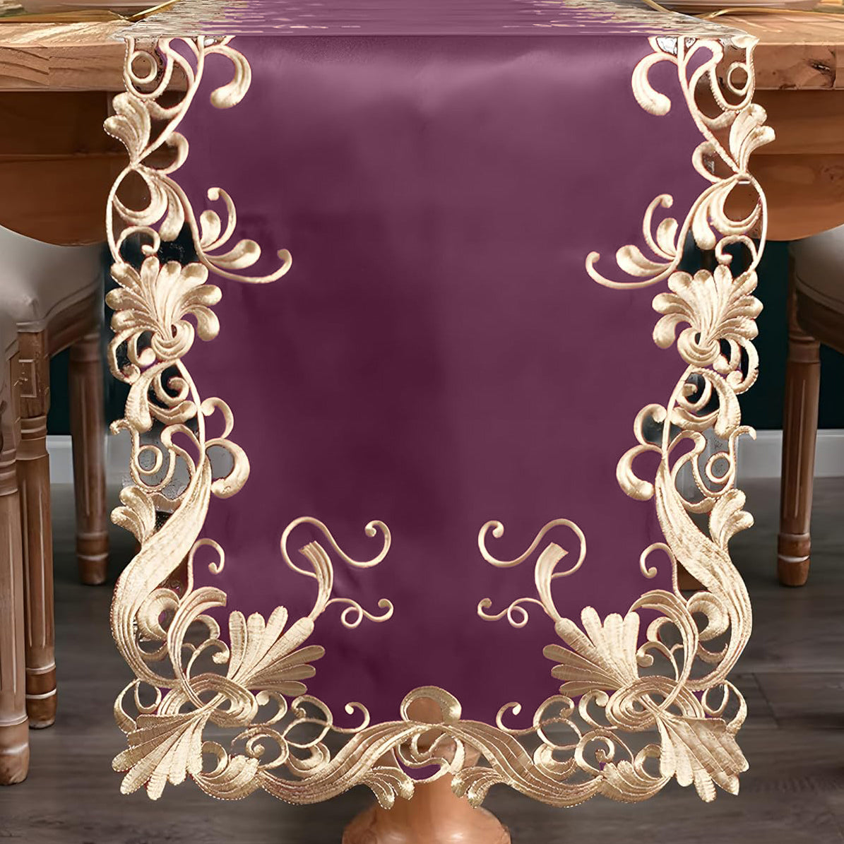 Purple Petal Amethyst table runner from RIZ's Falling Petals collection, European embroidered decor, 14x108 inches.