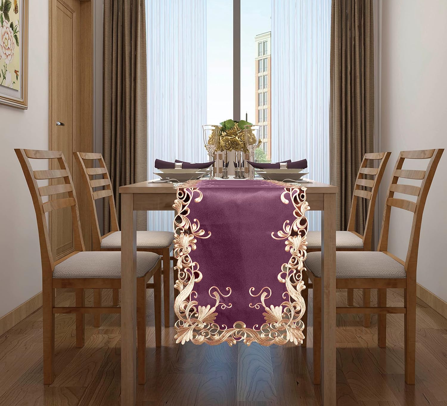 Petal Amethyst – Purple Table Runner, Falling Petals Collection European Embroidered Décor 14*108 inch - Decozen
