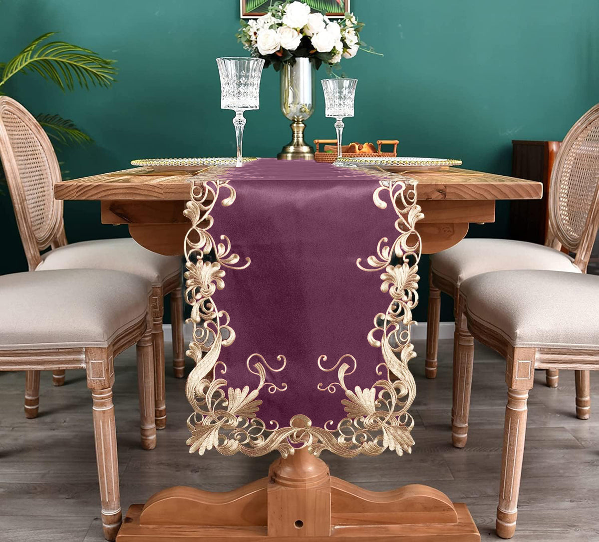 Petal Amethyst purple table runner from RIZ Falling Petals Collection, European embroidered décor, 14x108 inches.