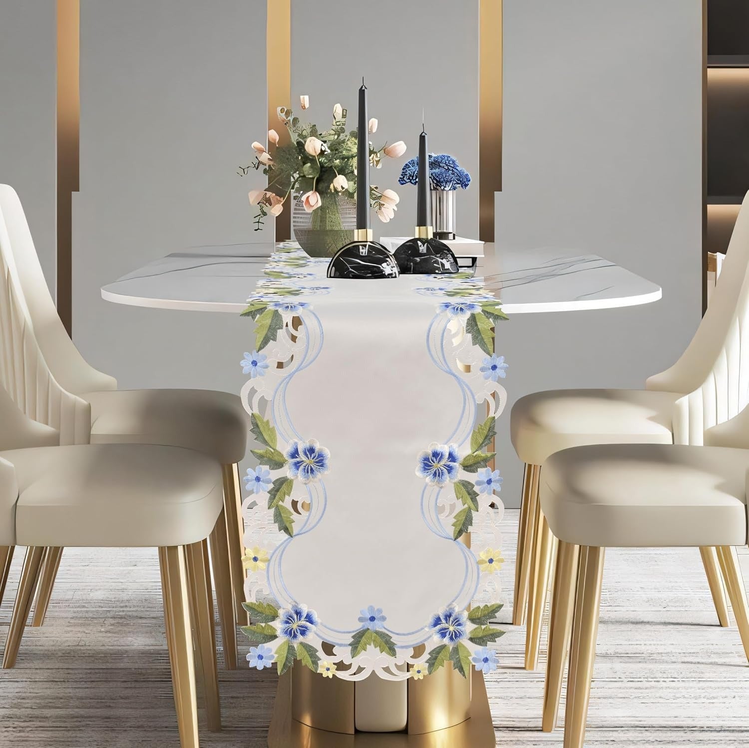Blue and green lace white table runner with European embroidery, decorative RIZ-RN table runner, 14x108 inches.