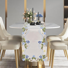 Blue and green lace white table runner with European embroidery, decorative RIZ-RN table runner, 14x108 inches.