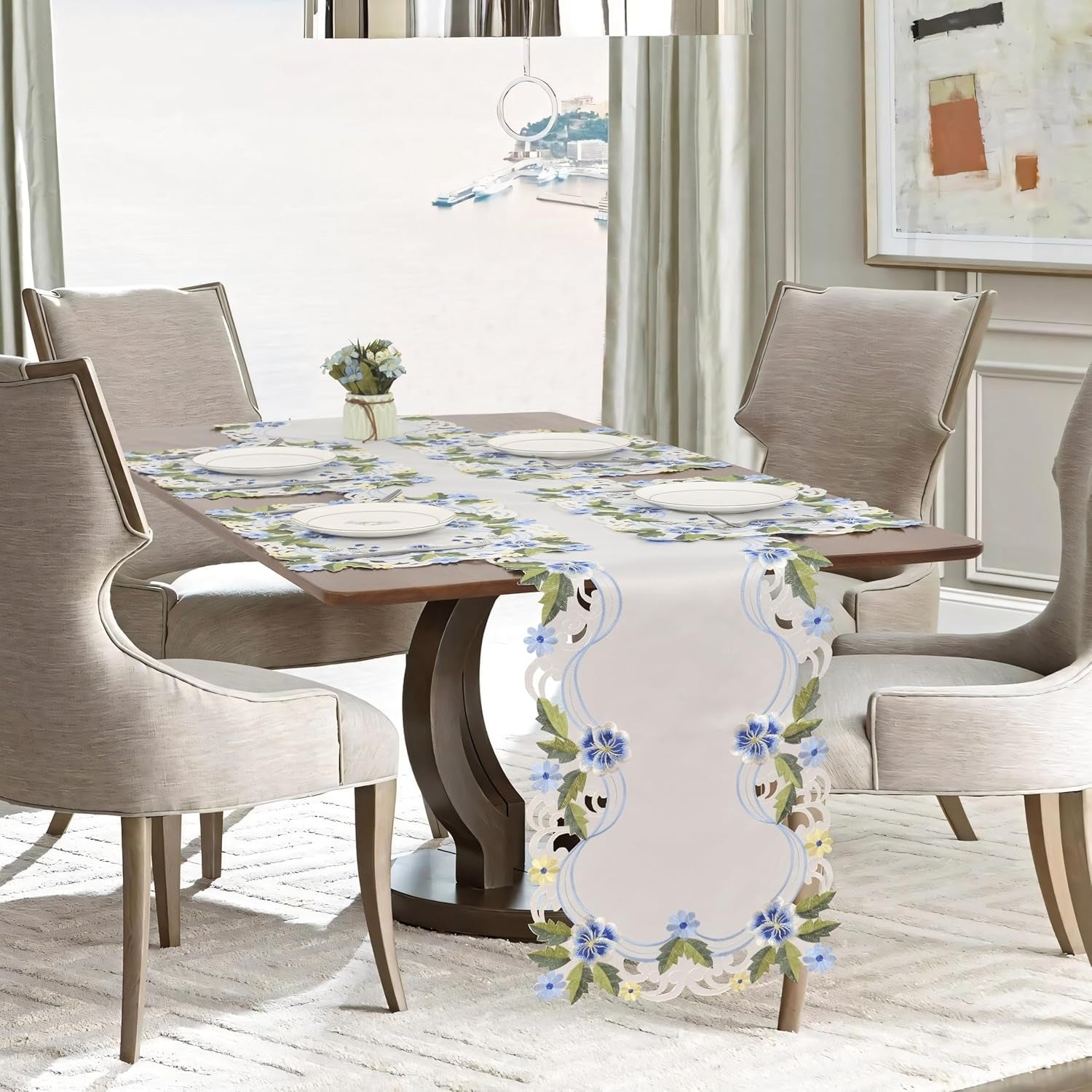 Eternal Grace blue and green lace white table runner with European embroidery, decorative 14x108 inch table decor by RIZ-RN