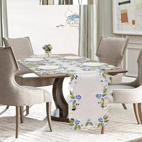 Eternal Grace blue and green lace white table runner with European embroidery, decorative 14x108 inch table decor by RIZ-RN
