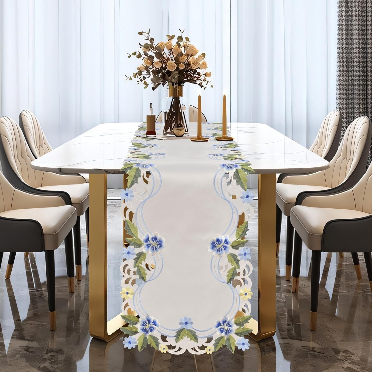 Eternal Grace blue and green lace white table runner with European embroidery, decorative 14x108 inch table decor by RIZ-RN