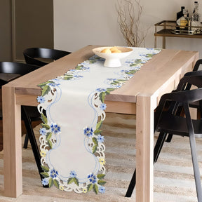 Blue and green lace white table runner with European embroidery by RIZ-RN, decorative 14x108 inch table decor.