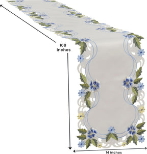 Eternal Grace blue and green lace table runner with white European embroidery, decorative 14x108 inch table décor by RIZ-RN.