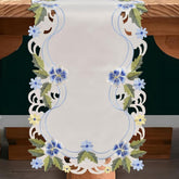 Blue and green lace white table runner with European embroidery, RIZ-RN Eternal Grace decorative table runner, 14x108 inches