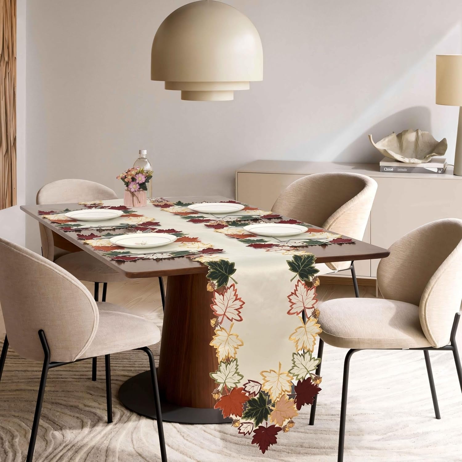 Cream white European embroidery table runner with falling petals design, RIZ-RN decorative dresser scarf, 14x108 inches.