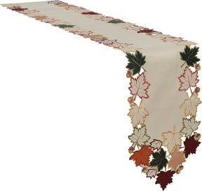 Cream white RIZ-RN Falling Petals table runner with European embroidery, decorative dresser scarf, 14x108 inches on a table.