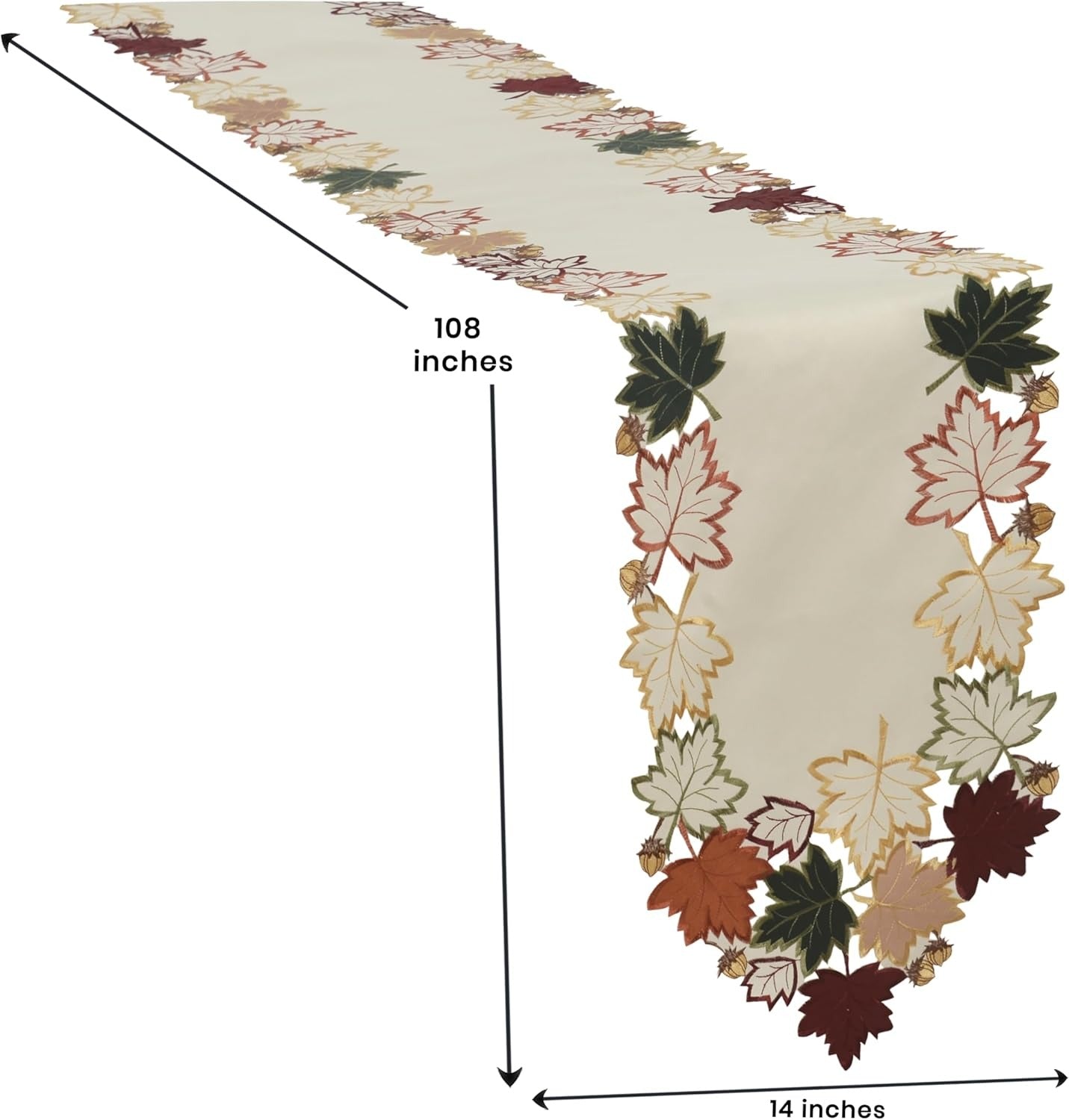 Cream white RIZ-RN table runner with European embroidery featuring falling petal design, 14x108 inches, decorative dresser scarf.