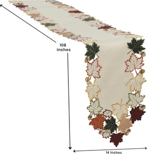 Cream white RIZ-RN table runner with European embroidery featuring falling petal design, 14x108 inches, decorative dresser scarf.