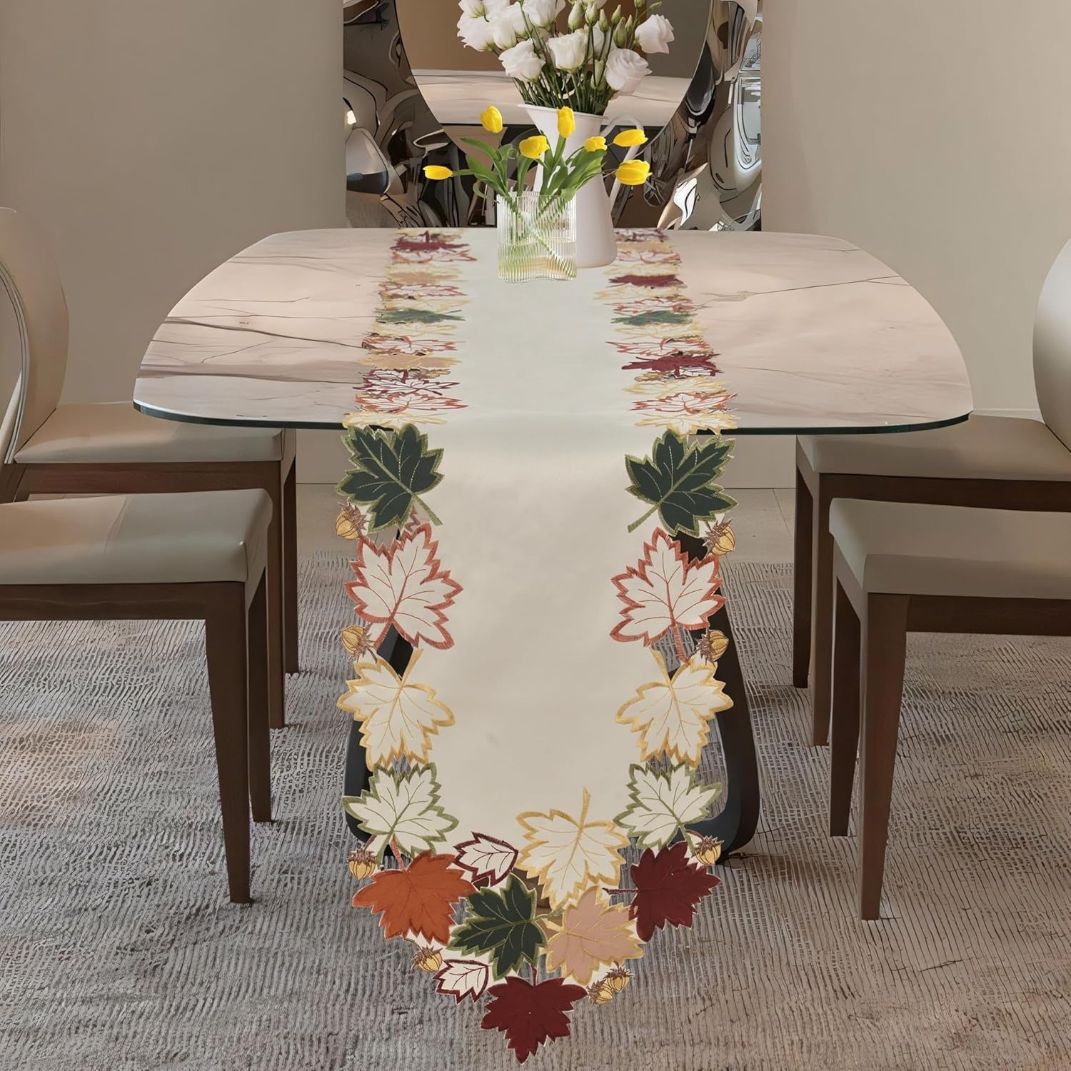 Cream white RIZ-RN Falling Petals table runner with European embroidery, decorative dresser scarf, 14x108 inches, elegant floral design.