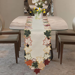 Cream white RIZ-RN Falling Petals table runner with European embroidery, decorative dresser scarf, 14x108 inches, elegant floral design.