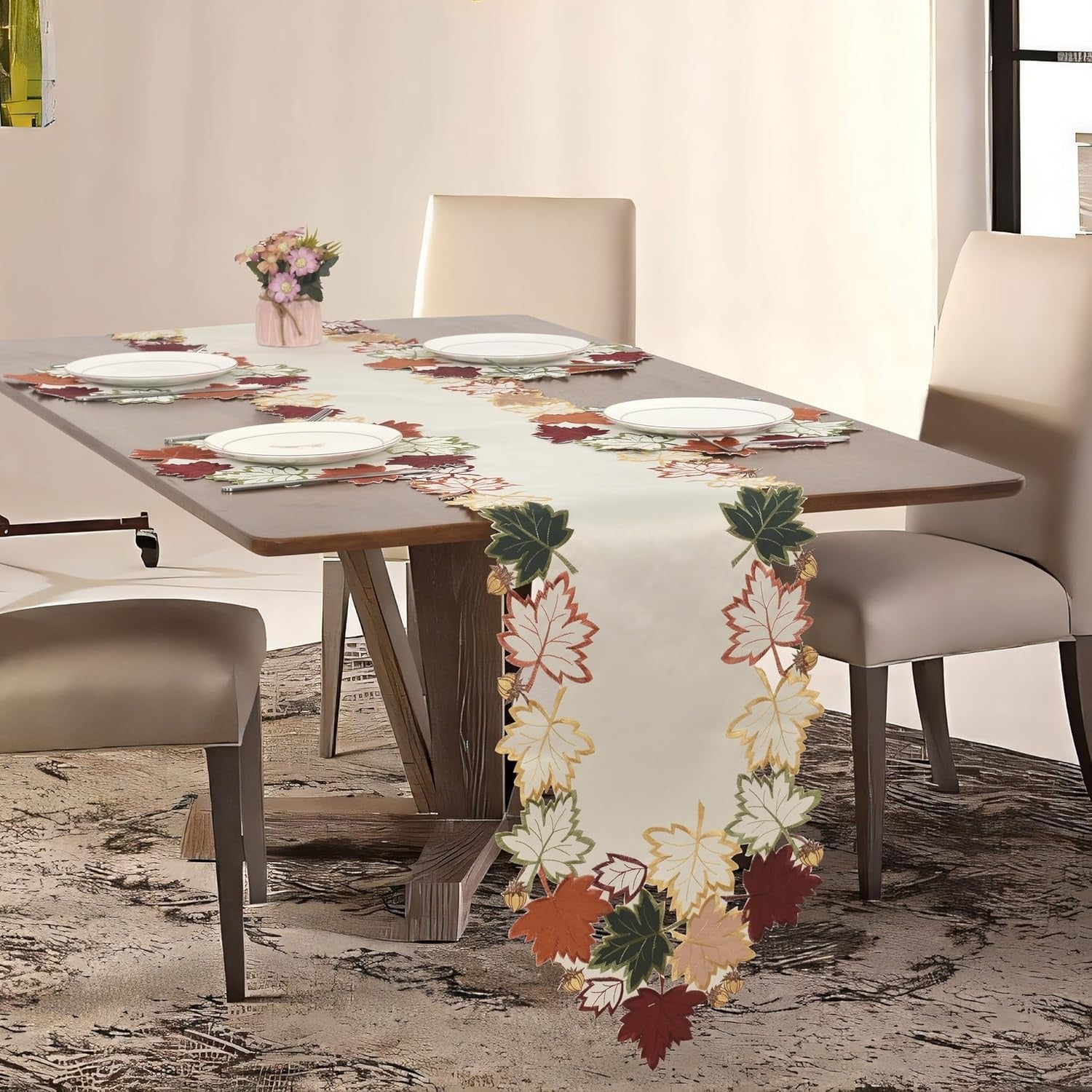 Cream white RIZ-RN table runner with European embroidery and falling petal design, measuring 14x108 inches for decorative use.
