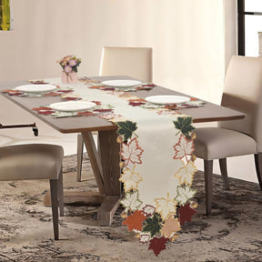 Cream white RIZ-RN table runner with European embroidery and falling petal design, measuring 14x108 inches for decorative use.