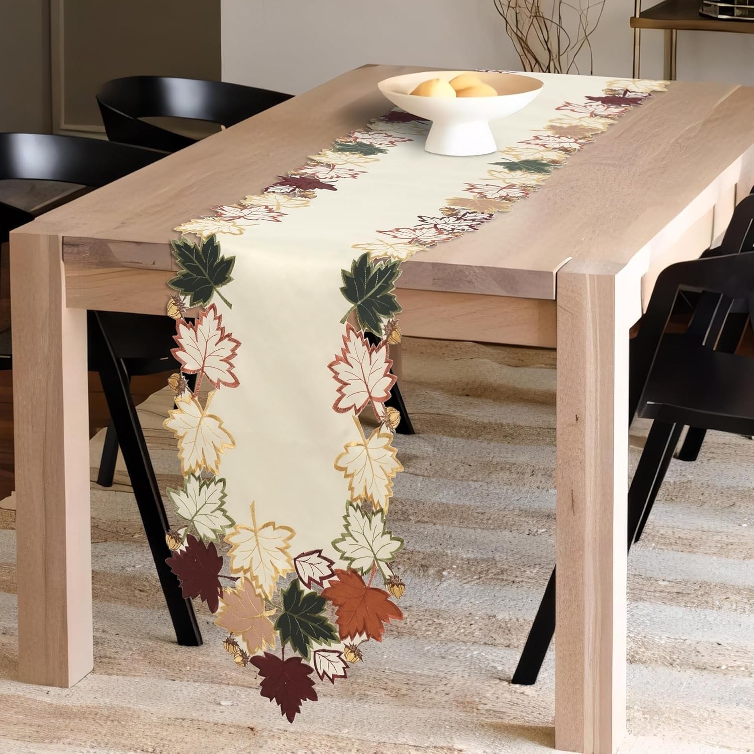Cream white RIZ-RN Falling Petals table runner with European embroidery, decorative dresser scarf, 14x108 inches, elegant design