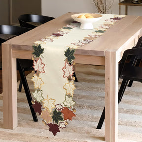 Cream white RIZ-RN Falling Petals table runner with European embroidery, decorative dresser scarf, 14x108 inches, elegant design