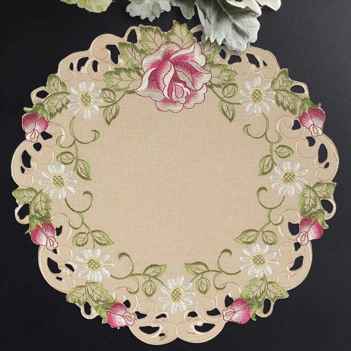 Docia Sand – Beige Table Doilies, Docia Collection Elegant Decorative Table Decor 15 inch - Decozen