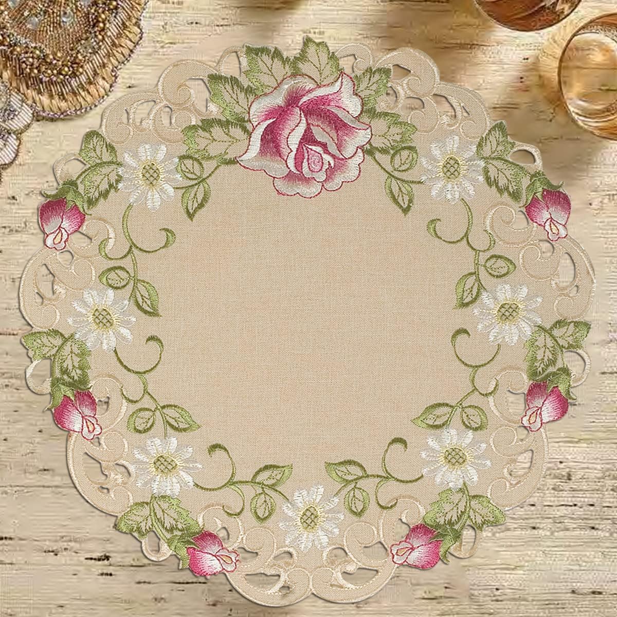 Docia Sand – Beige Table Doilies, Docia Collection Elegant Decorative Table Decor 15 inch - Decozen