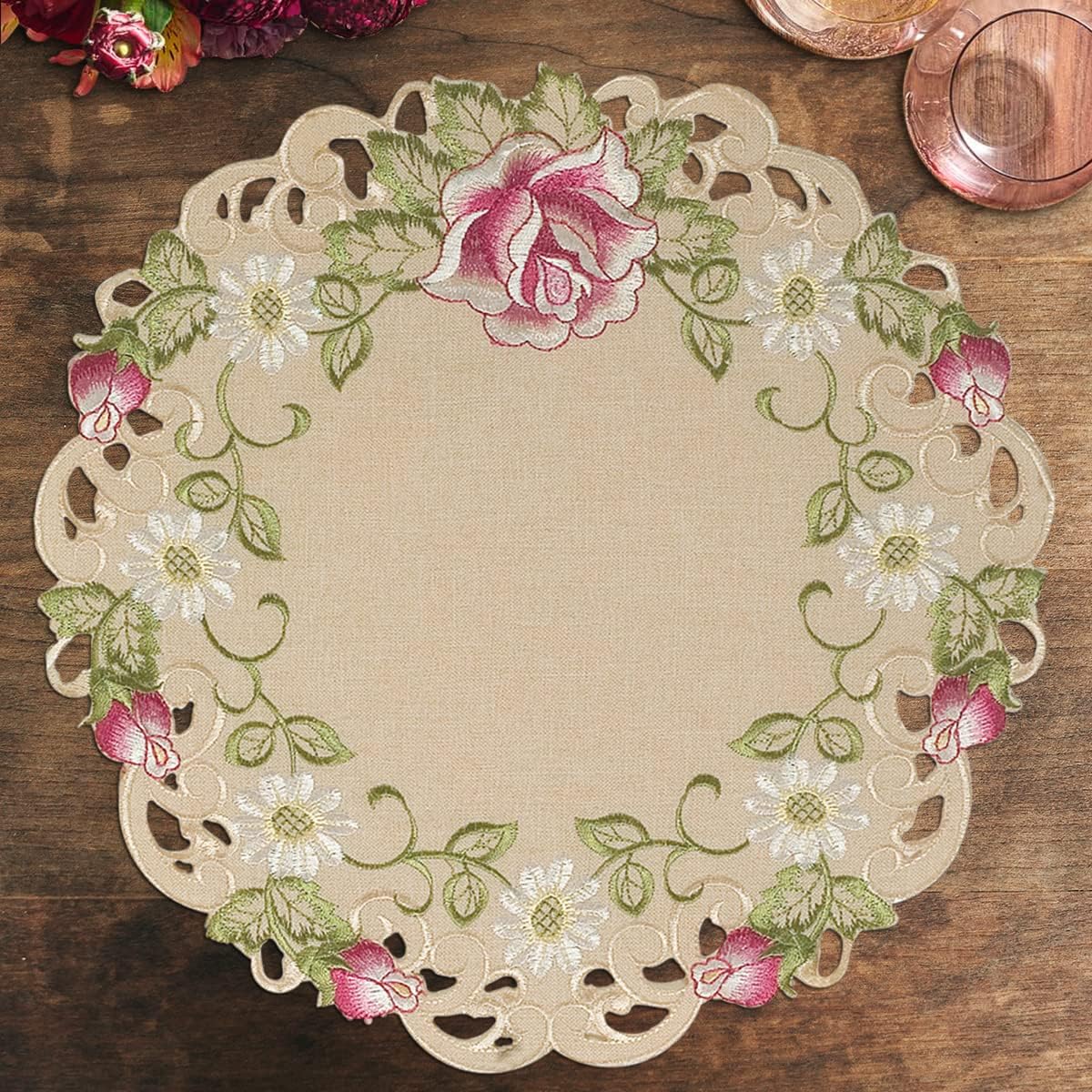 Docia Sand – Beige Table Doilies, Docia Collection Elegant Decorative Table Decor 15 inch - Decozen