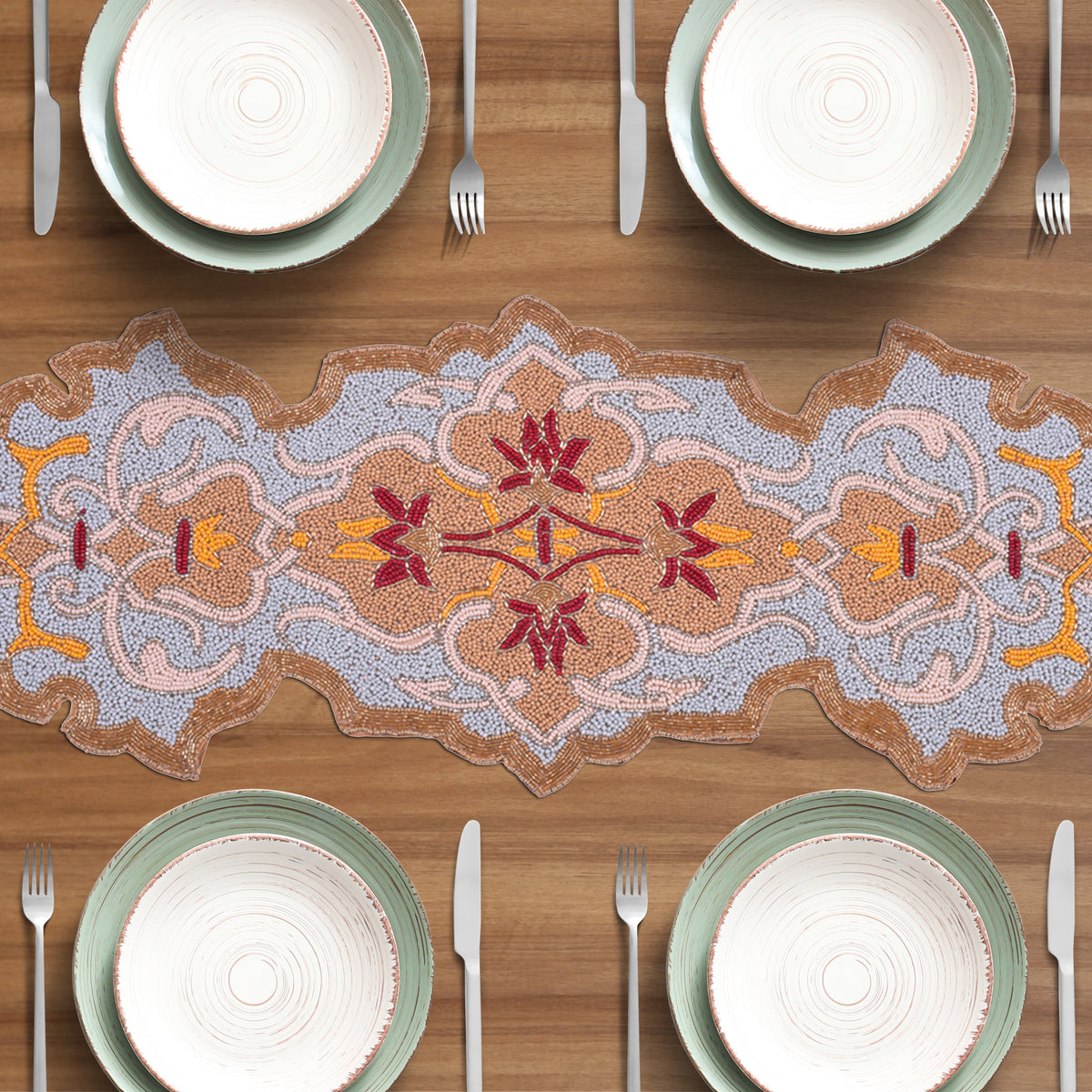 Beaded table runner with intricate beadwork, decorative design, and elegant craftsmanship from RNR 00009.